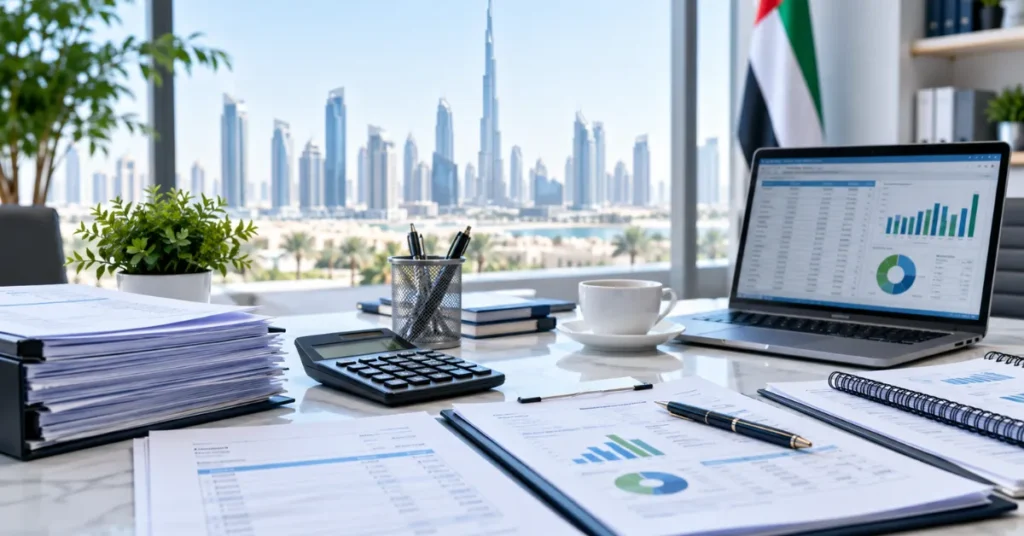 UAE VAT registration preparation showing company documents, bookkeeping, reconciliation and organised financial records for ongoing tax compliance.
