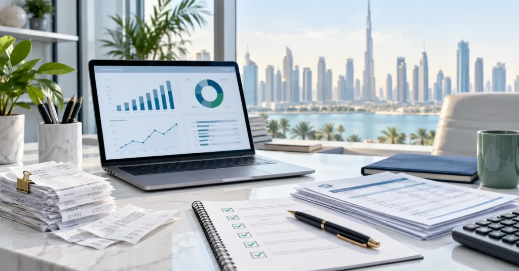UAE VAT threshold review showing invoices, bank statements, sales records and bookkeeping used to assess VAT registration requirements.